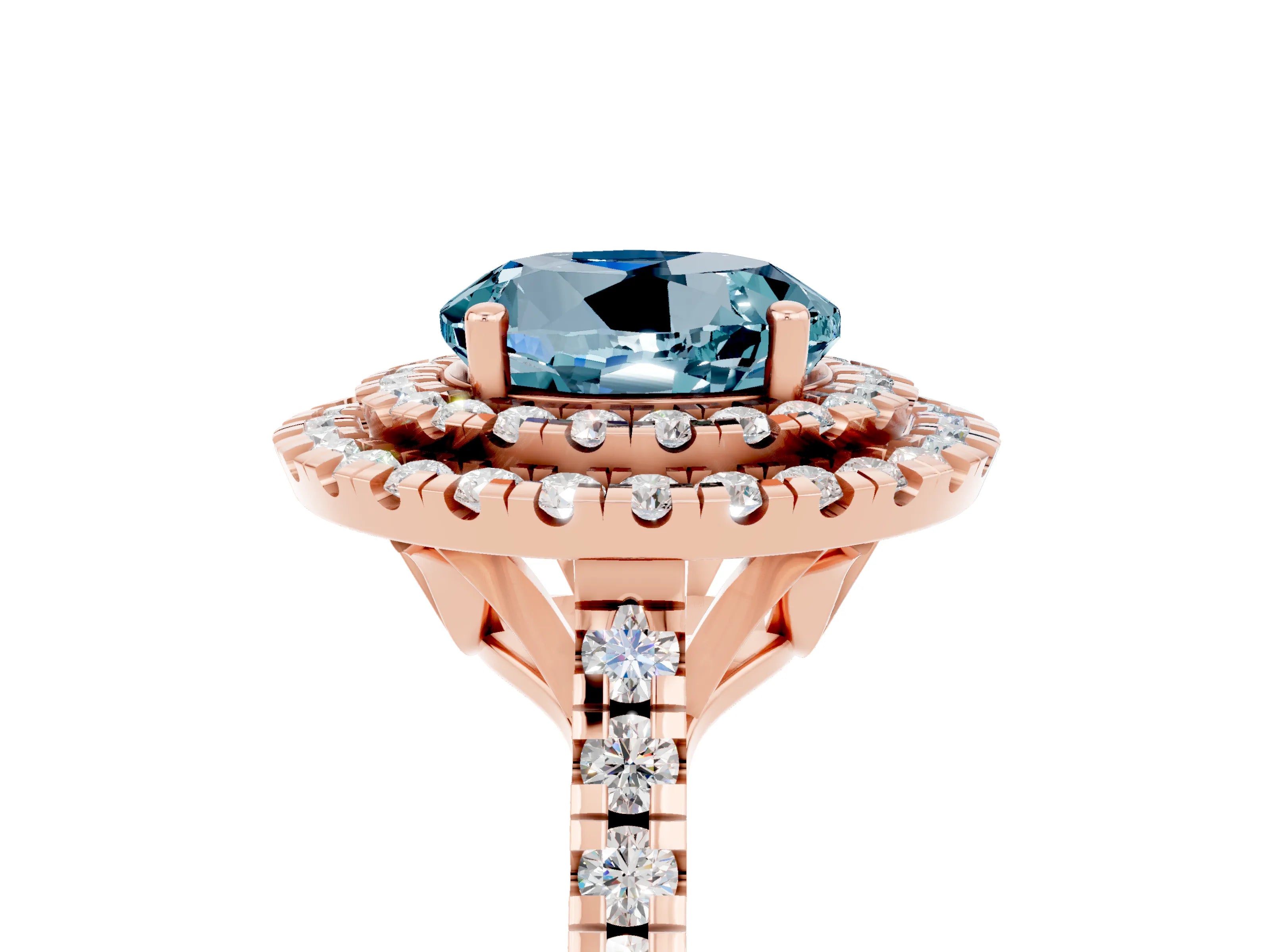 Rose gold Double Halo Round Cut Aquamarine Pavé Band with Four-Prong Setting_5