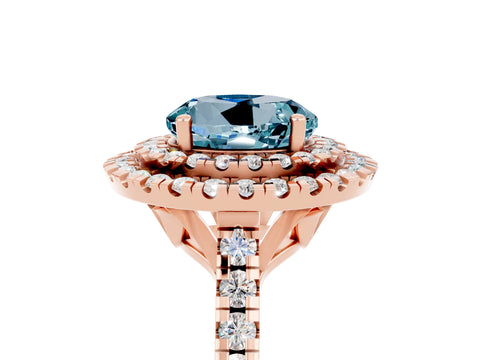 Rose gold Double Halo Round Cut Aquamarine Pavé Band with Four-Prong Setting_5
