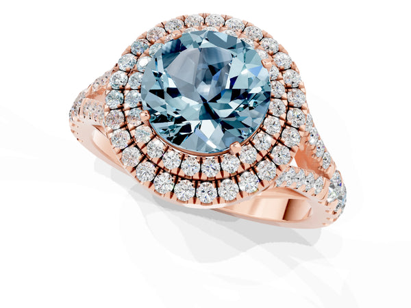 Rose gold Double Halo Round Cut Aquamarine Pavé Split Shank Ring with Prong Setting