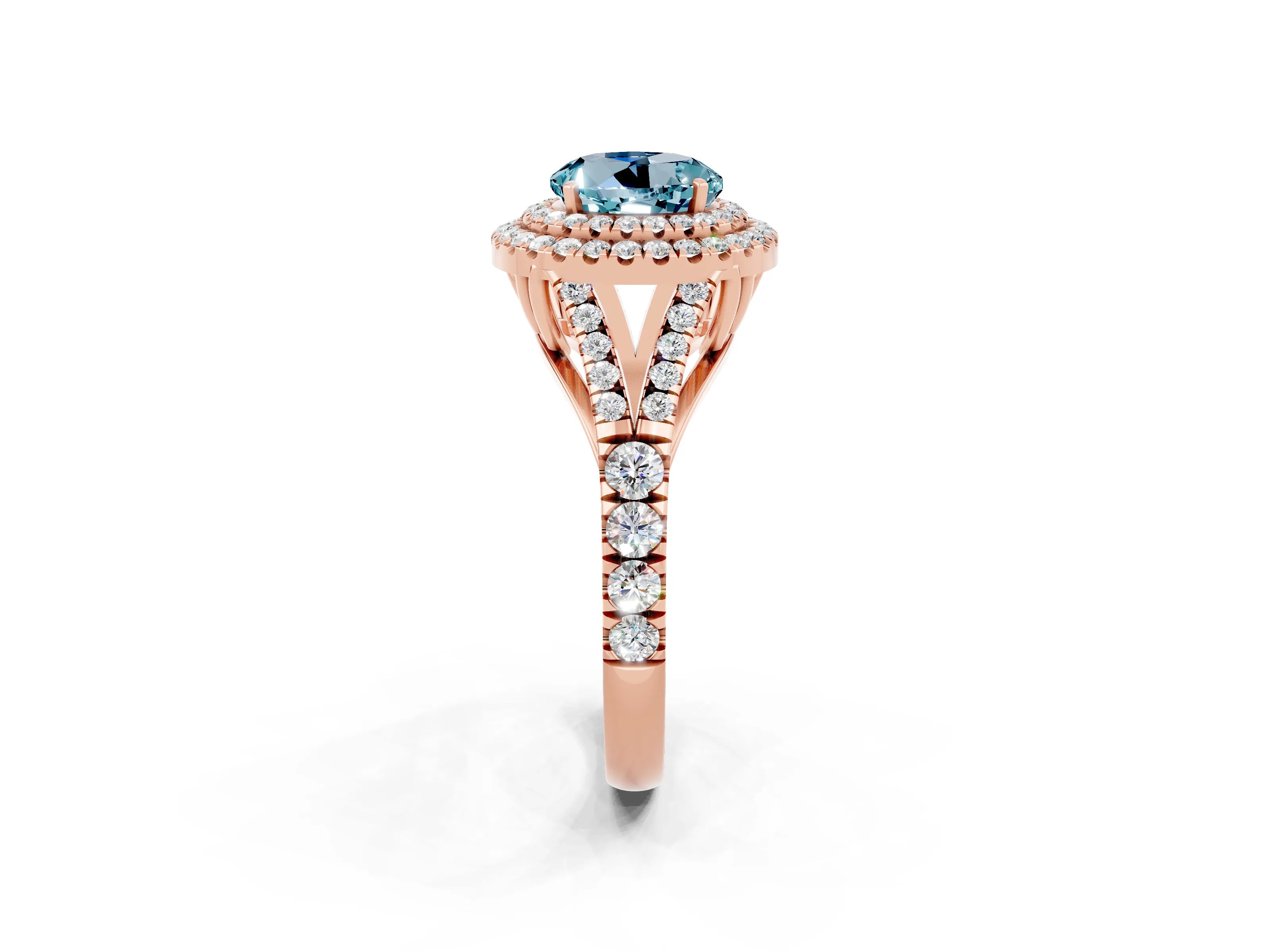 Rose gold Double Halo Round Cut Aquamarine Pavé Split Shank Ring with Prong Setting_2