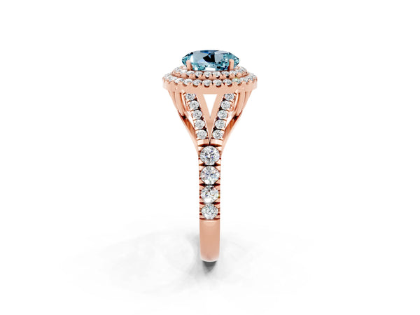 Rose gold Double Halo Round Cut Aquamarine Pavé Split Shank Ring with Prong Setting