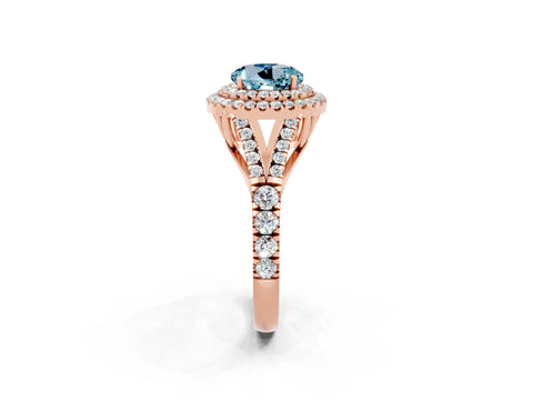 Rose gold Double Halo Round Cut Aquamarine Pavé Split Shank Ring with Prong Setting_2