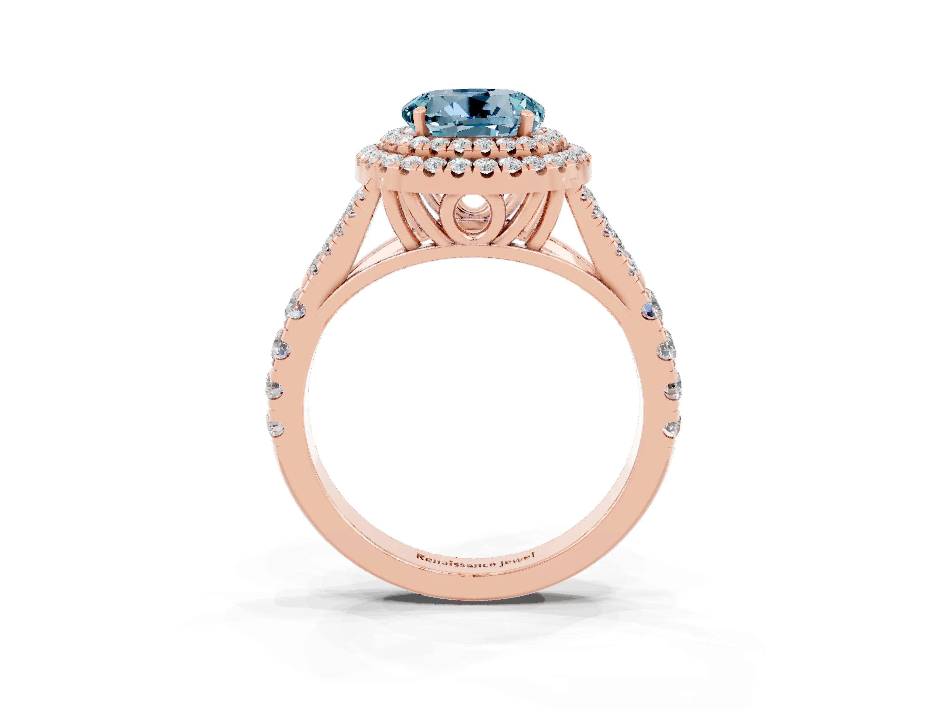 Rose gold Double Halo Round Cut Aquamarine Pavé Split Shank Ring with Prong Setting_3