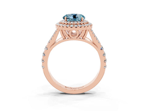 Rose gold Double Halo Round Cut Aquamarine Pavé Split Shank Ring with Prong Setting_3