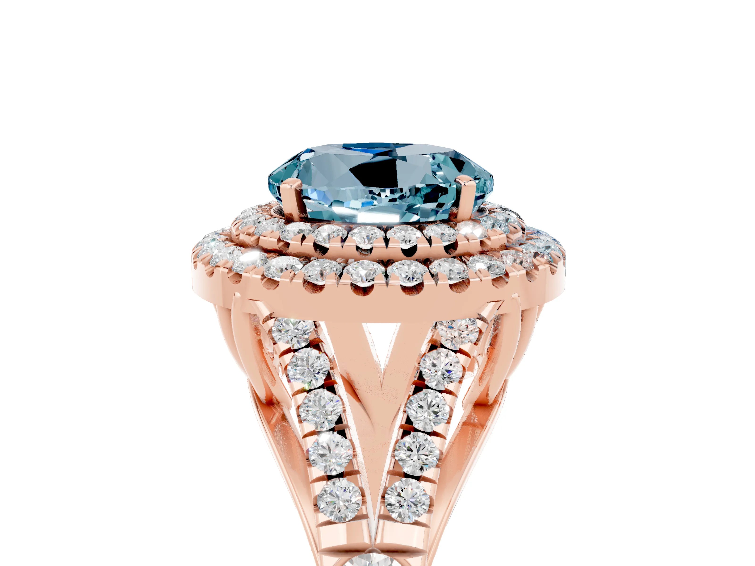 Rose gold Double Halo Round Cut Aquamarine Pavé Split Shank Ring with Prong Setting_5