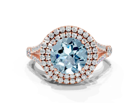 Rose gold Double Halo Round Cut Aquamarine Pavé Split Shank Ring with Prong Setting