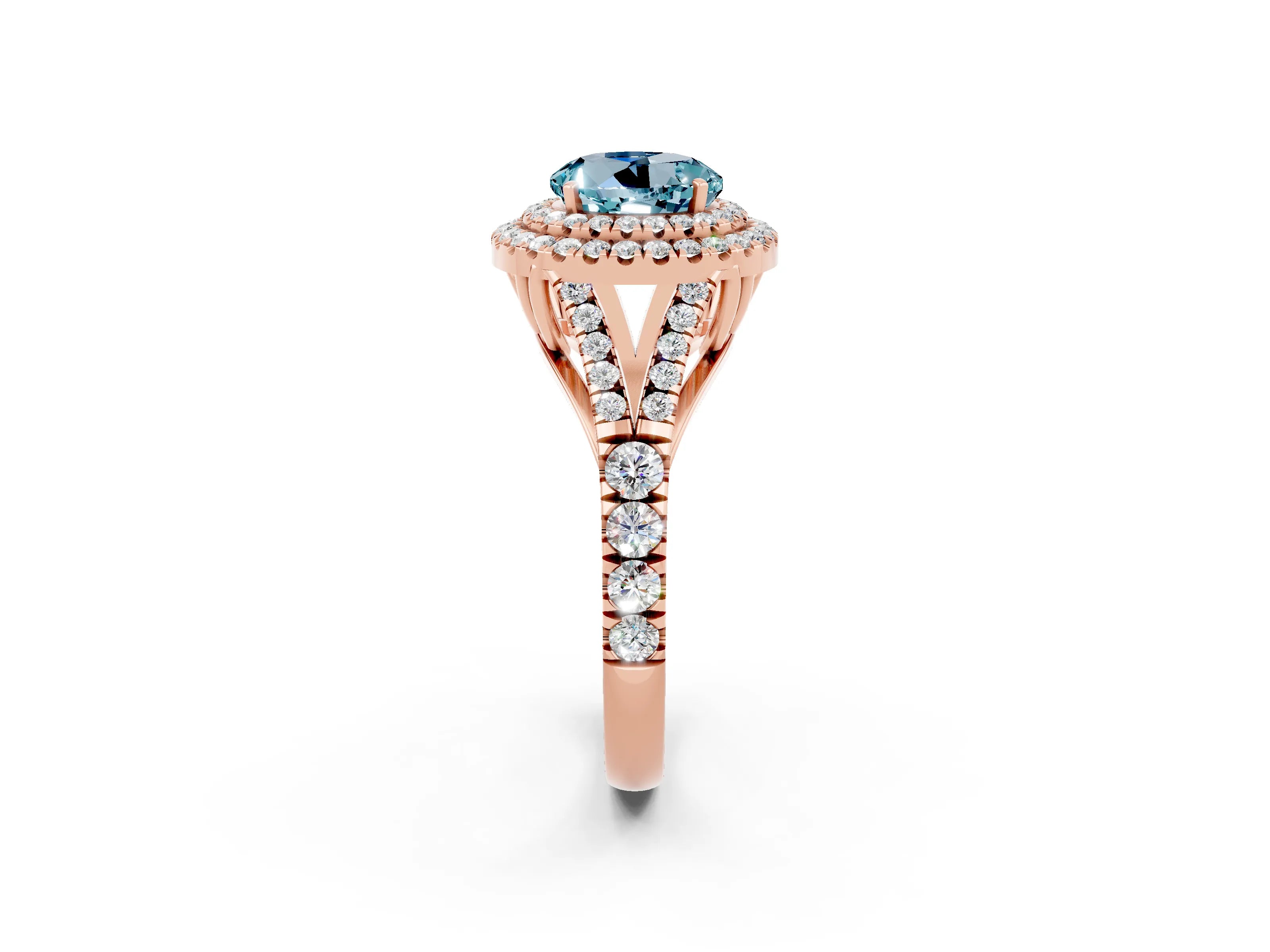 Rose gold Double Halo Round Cut Aquamarine Split Shank Engagement Ring with Four-Prong Setting_2