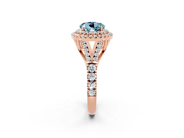 Rose gold Double Halo Round Cut Aquamarine Split Shank Engagement Ring with Four-Prong Setting