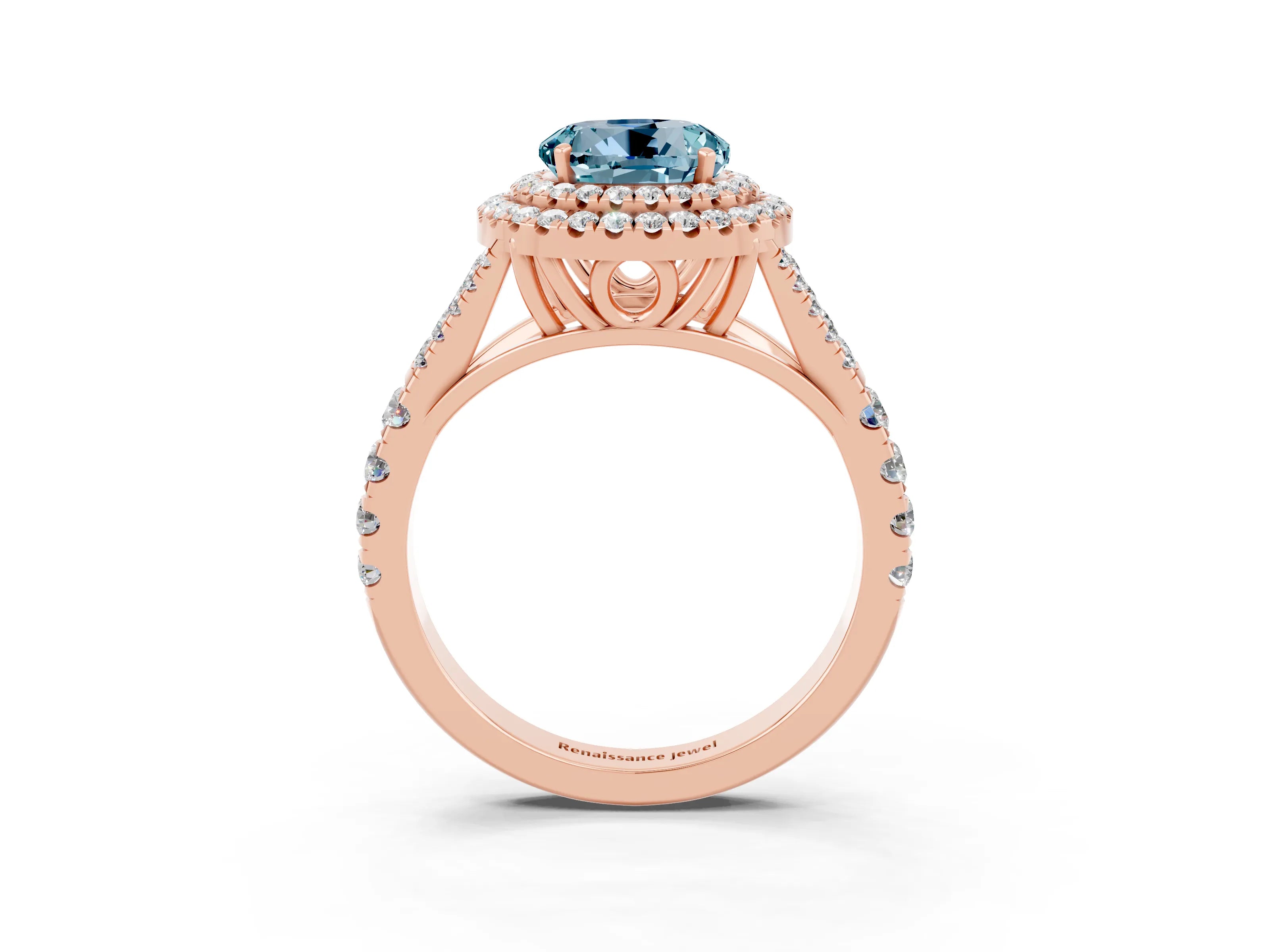 Rose gold Double Halo Round Cut Aquamarine Split Shank Engagement Ring with Four-Prong Setting_3