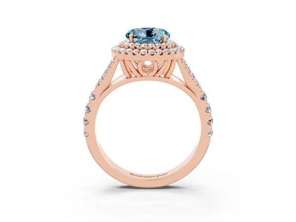 Rose gold Double Halo Round Cut Aquamarine Split Shank Engagement Ring with Four-Prong Setting