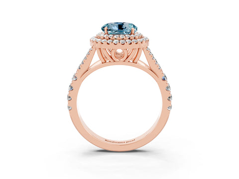 Rose gold Double Halo Round Cut Aquamarine Split Shank Engagement Ring with Four-Prong Setting_3
