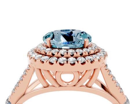 Rose gold Double Halo Round Cut Aquamarine Split Shank Engagement Ring with Four-Prong Setting_4
