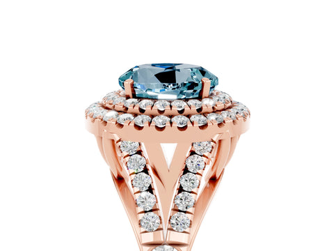 Rose gold Double Halo Round Cut Aquamarine Split Shank Engagement Ring with Four-Prong Setting_5