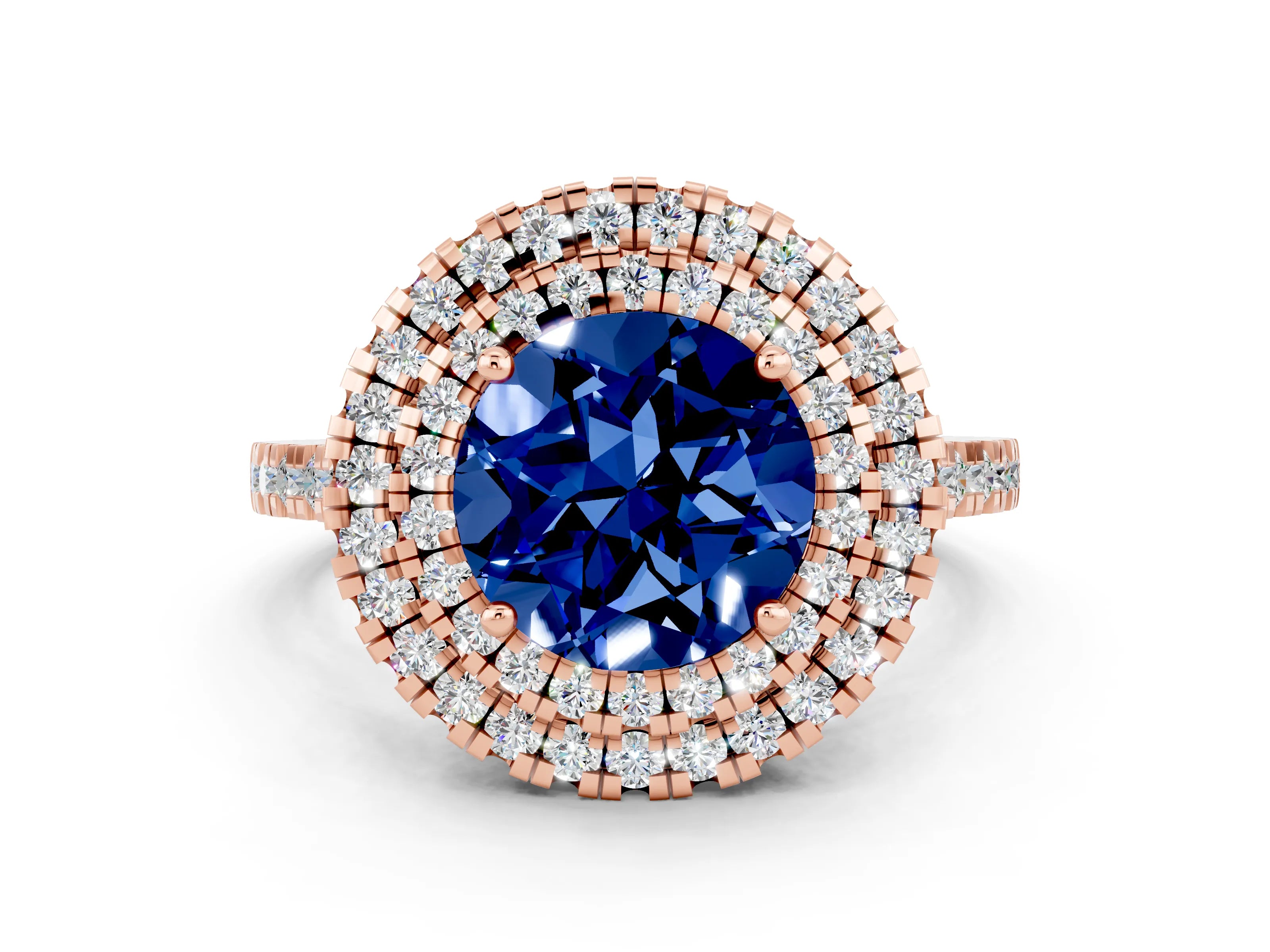 Rose gold Double Halo Round Cut Blue Sapphire Pavé Band with Four-Prong Setting