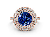Rose gold Double Halo Round Cut Blue Sapphire Pavé Band with Four-Prong Setting