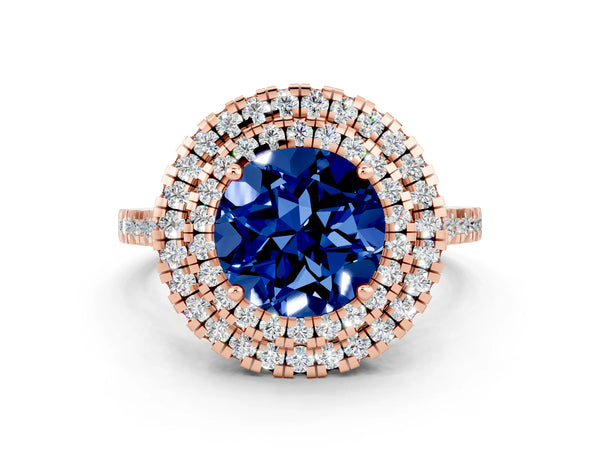 Rose gold Double Halo Round Cut Blue Sapphire Pavé Band with Four-Prong Setting