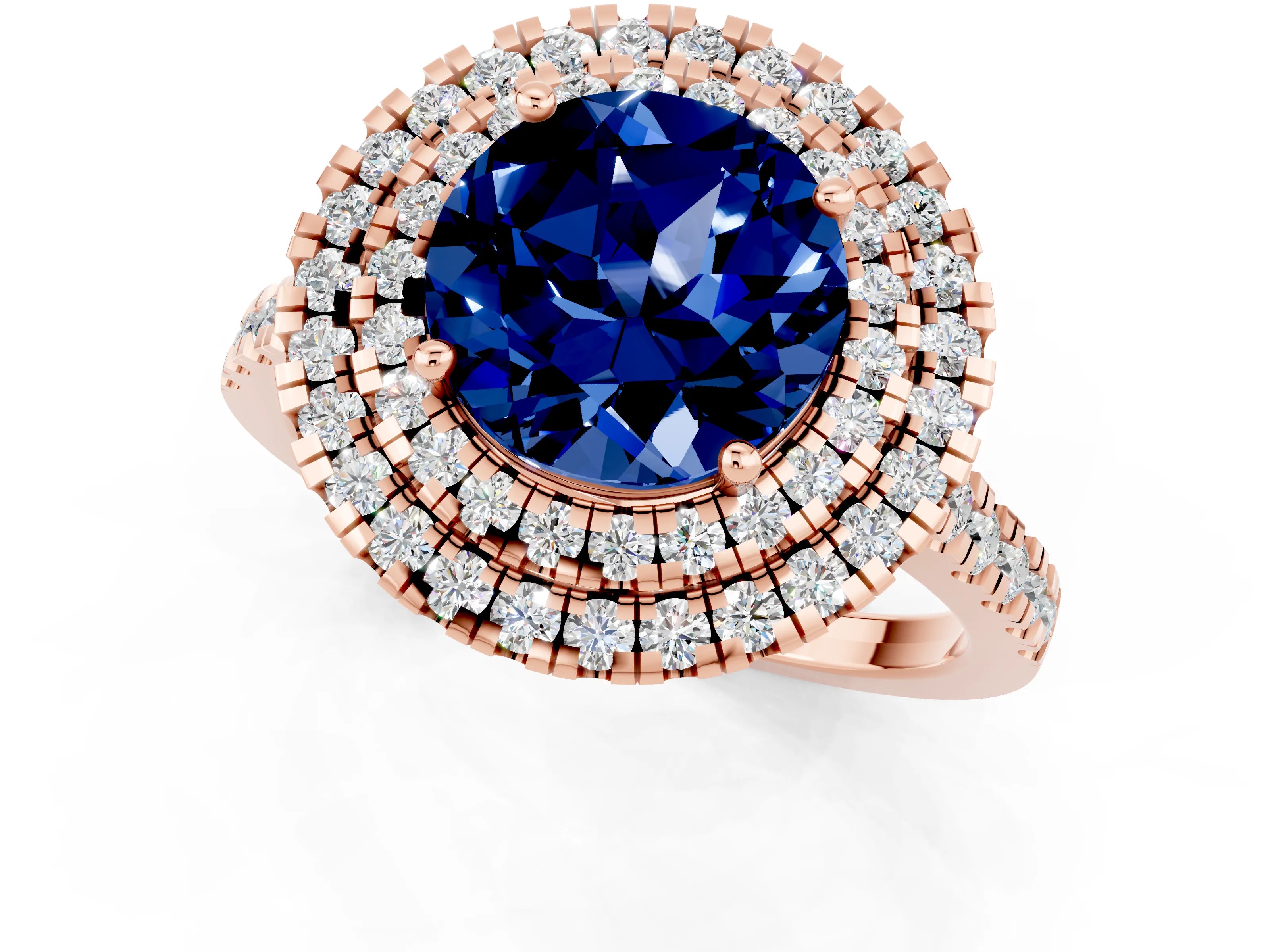 Rose gold Double Halo Round Cut Blue Sapphire Pavé Band with Four-Prong Setting_1