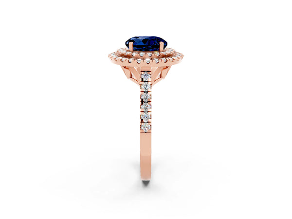 Rose gold Double Halo Round Cut Blue Sapphire Pavé Band with Four-Prong Setting