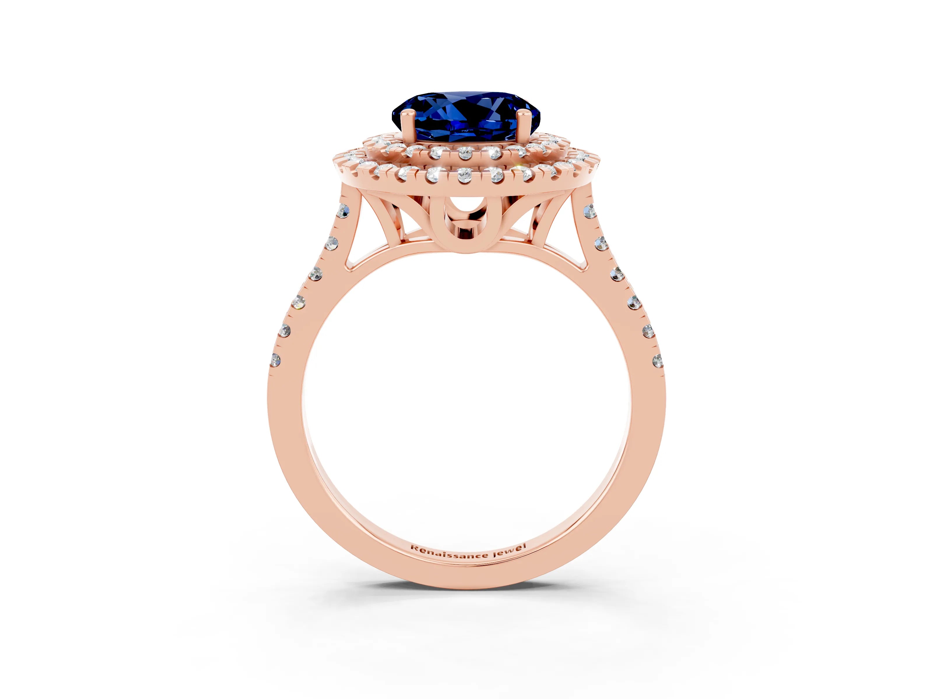 Rose gold Double Halo Round Cut Blue Sapphire Pavé Band with Four-Prong Setting_3