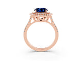 Rose gold Double Halo Round Cut Blue Sapphire Pavé Band with Four-Prong Setting_3