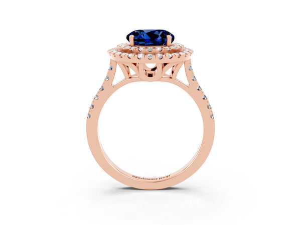 Rose gold Double Halo Round Cut Blue Sapphire Pavé Band with Four-Prong Setting