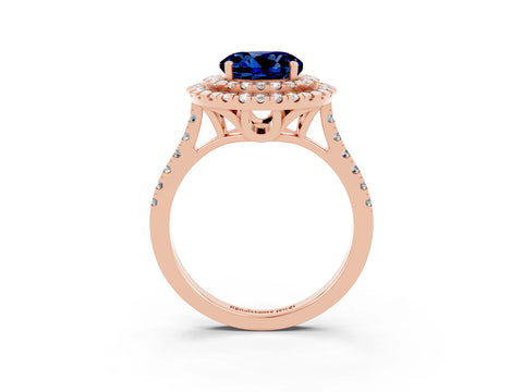 Rose gold Double Halo Round Cut Blue Sapphire Pavé Band with Four-Prong Setting_3