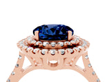 Rose gold Double Halo Round Cut Blue Sapphire Pavé Band with Four-Prong Setting_4
