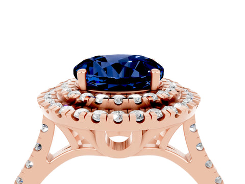 Rose gold Double Halo Round Cut Blue Sapphire Pavé Band with Four-Prong Setting_4