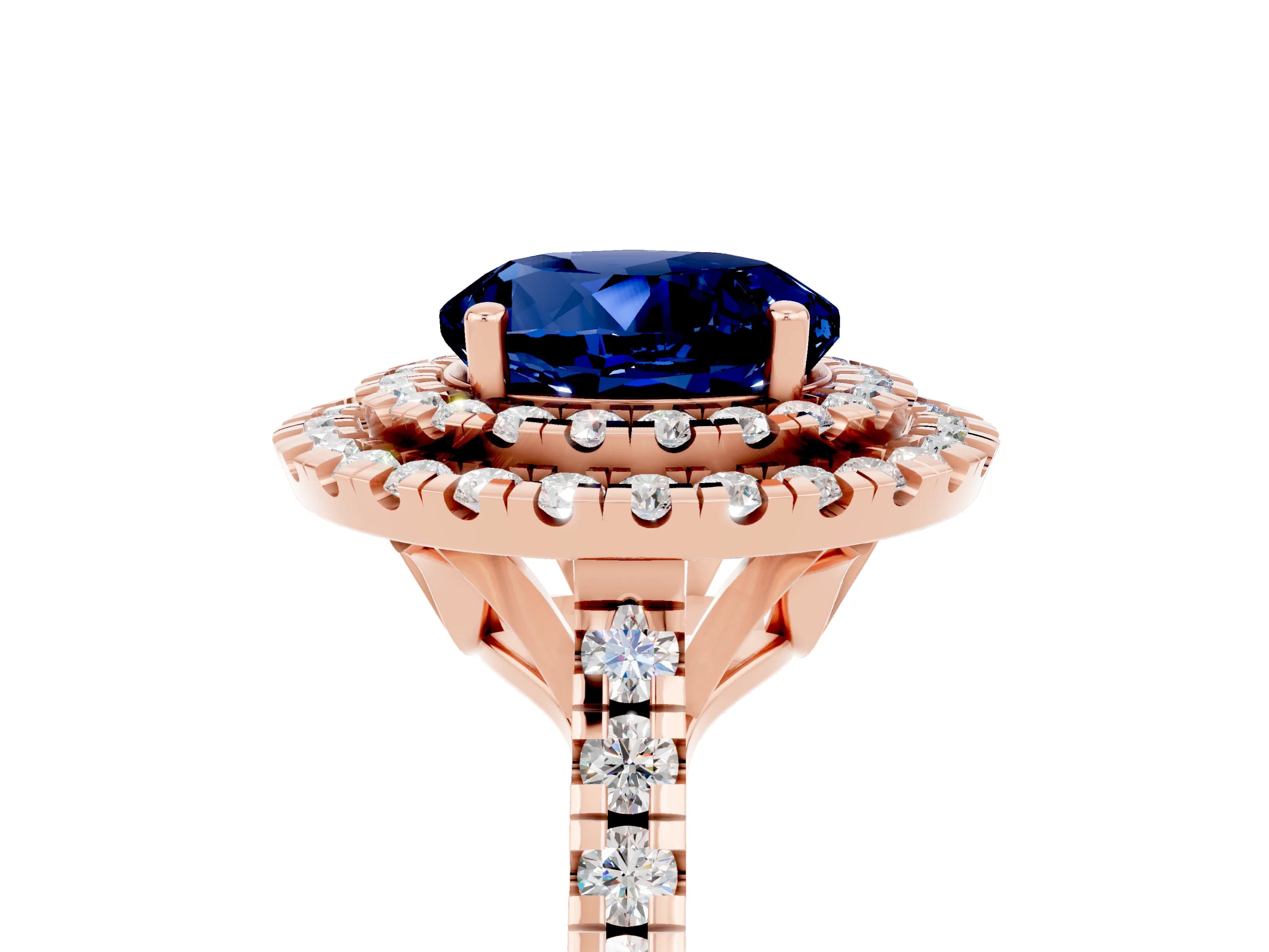 Rose gold Double Halo Round Cut Blue Sapphire Pavé Band with Four-Prong Setting_5