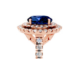 Rose gold Double Halo Round Cut Blue Sapphire Pavé Band with Four-Prong Setting_5