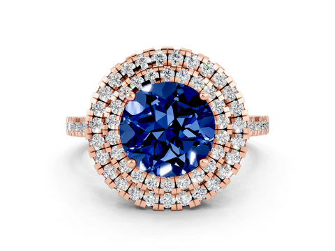 Rose gold Double Halo Round Cut Blue Sapphire Pavé Band with Four-Prong Setting