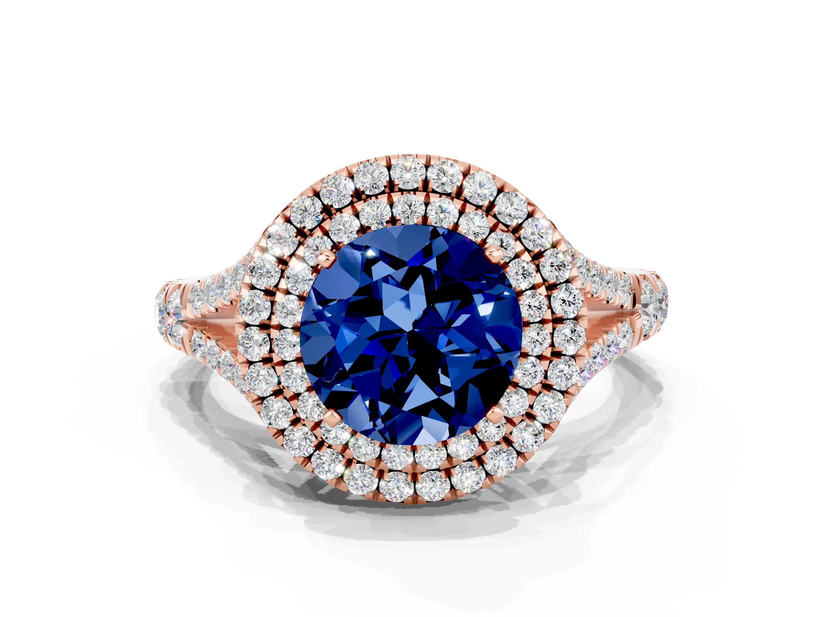 Rose gold Double Halo Round Cut Blue Sapphire Pavé Split Shank Ring with Prong Setting