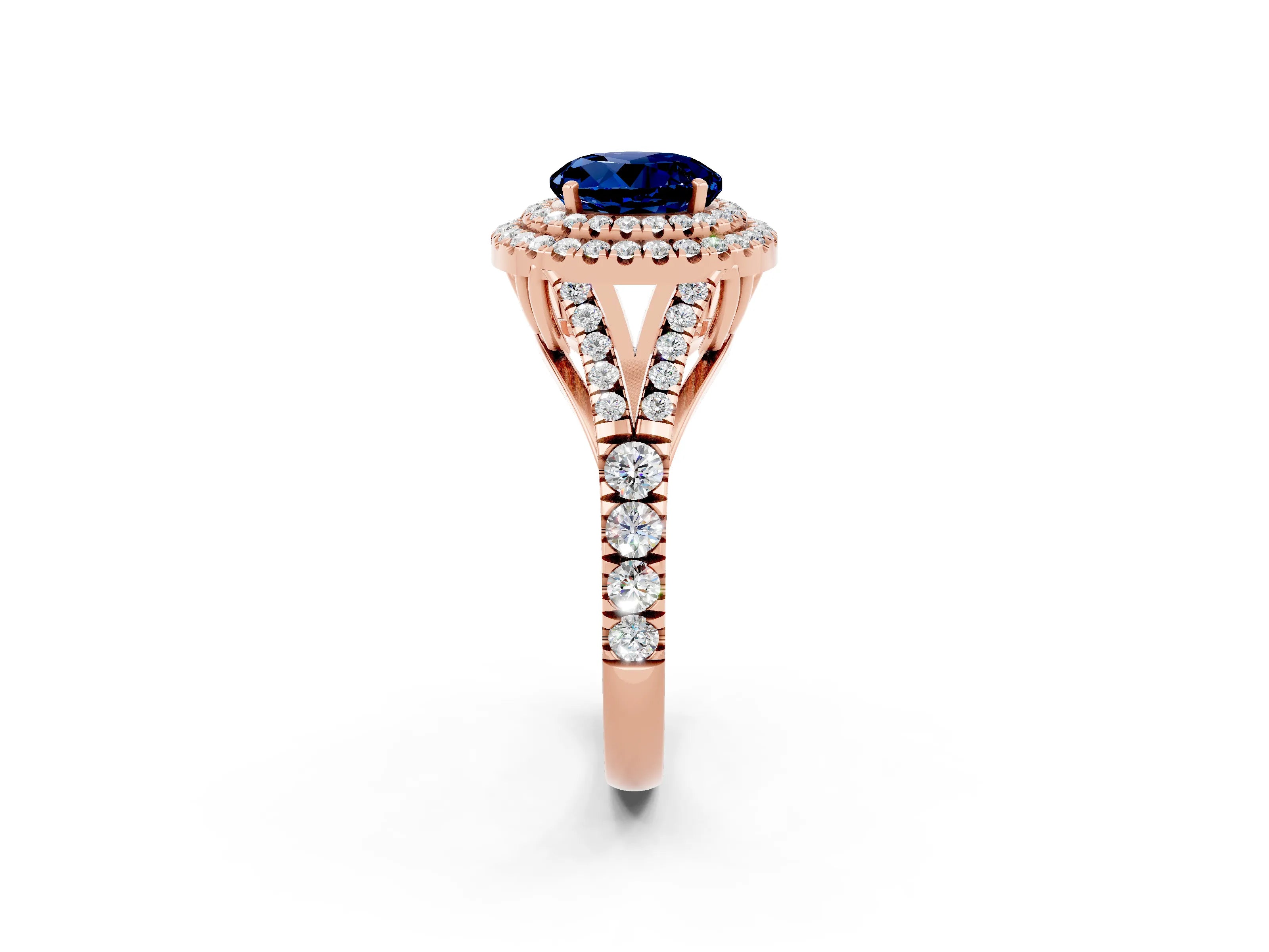 Rose gold Double Halo Round Cut Blue Sapphire Pavé Split Shank Ring with Prong Setting_2