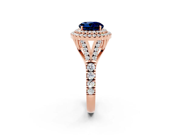 Rose gold Double Halo Round Cut Blue Sapphire Pavé Split Shank Ring with Prong Setting