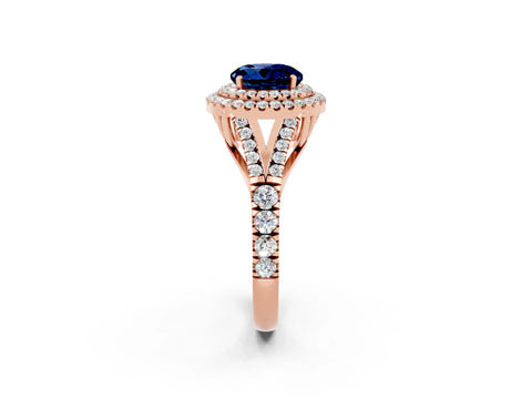 Rose gold Double Halo Round Cut Blue Sapphire Pavé Split Shank Ring with Prong Setting_2