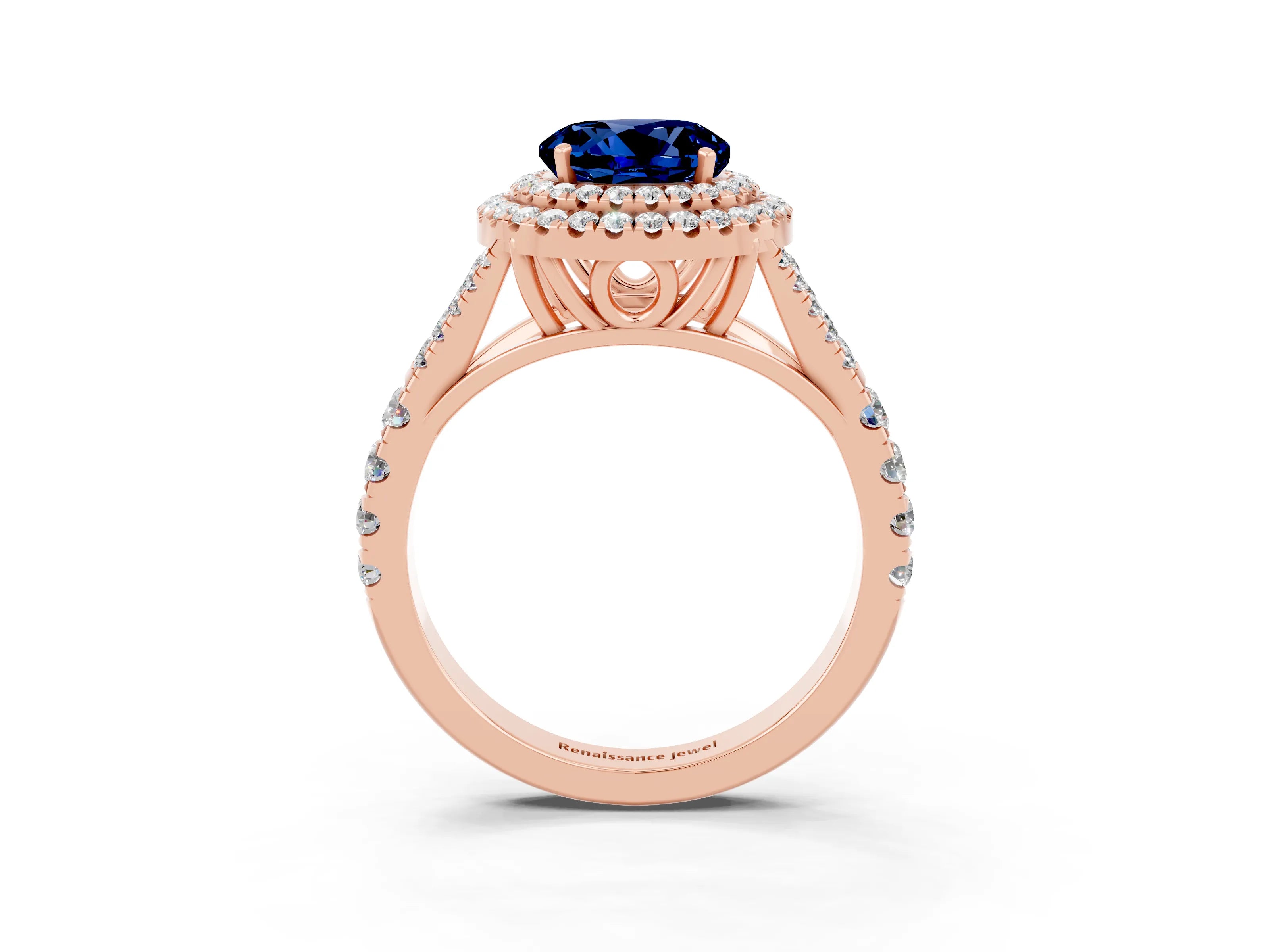 Rose gold Double Halo Round Cut Blue Sapphire Pavé Split Shank Ring with Prong Setting_3