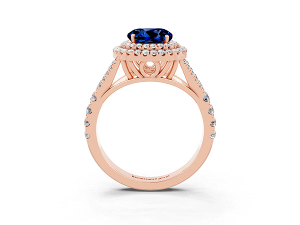 Rose gold Double Halo Round Cut Blue Sapphire Pavé Split Shank Ring with Prong Setting