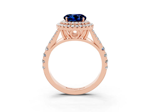 Rose gold Double Halo Round Cut Blue Sapphire Pavé Split Shank Ring with Prong Setting_3