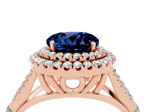 Rose gold Double Halo Round Cut Blue Sapphire Pavé Split Shank Ring with Prong Setting_4