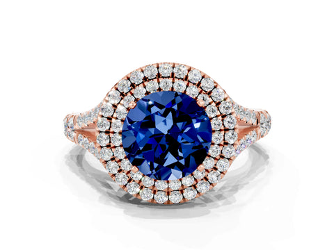 Rose gold Double Halo Round Cut Blue Sapphire Pavé Split Shank Ring with Prong Setting