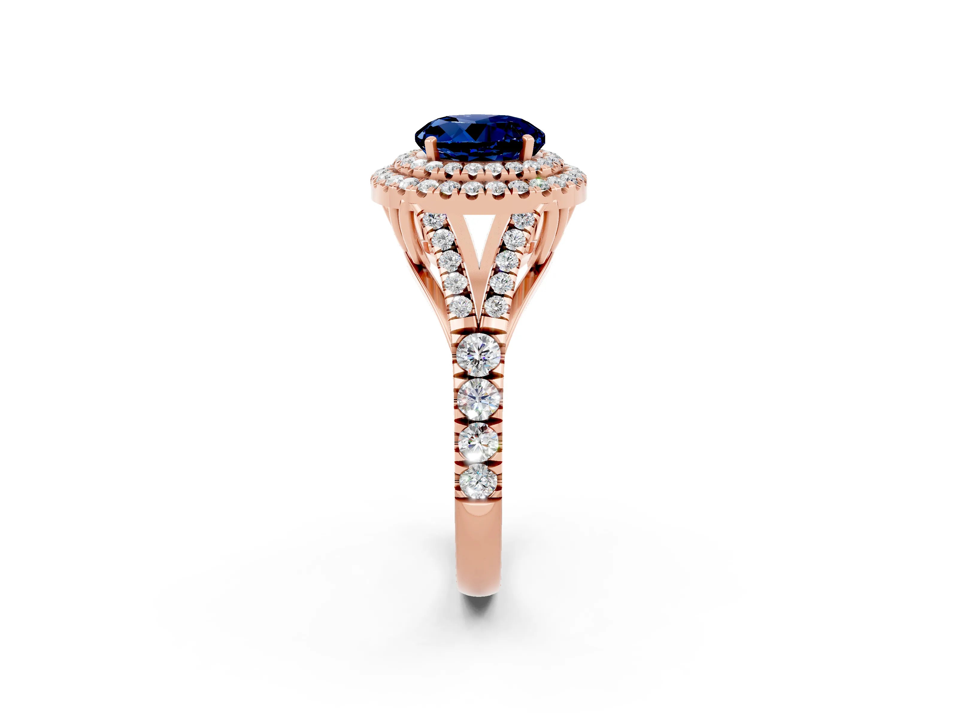 Rose gold Double Halo Round Cut Blue Sapphire Split Shank Engagement Ring with Four-Prong Setting_2