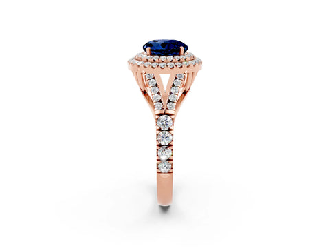 Rose gold Double Halo Round Cut Blue Sapphire Split Shank Engagement Ring with Four-Prong Setting_2