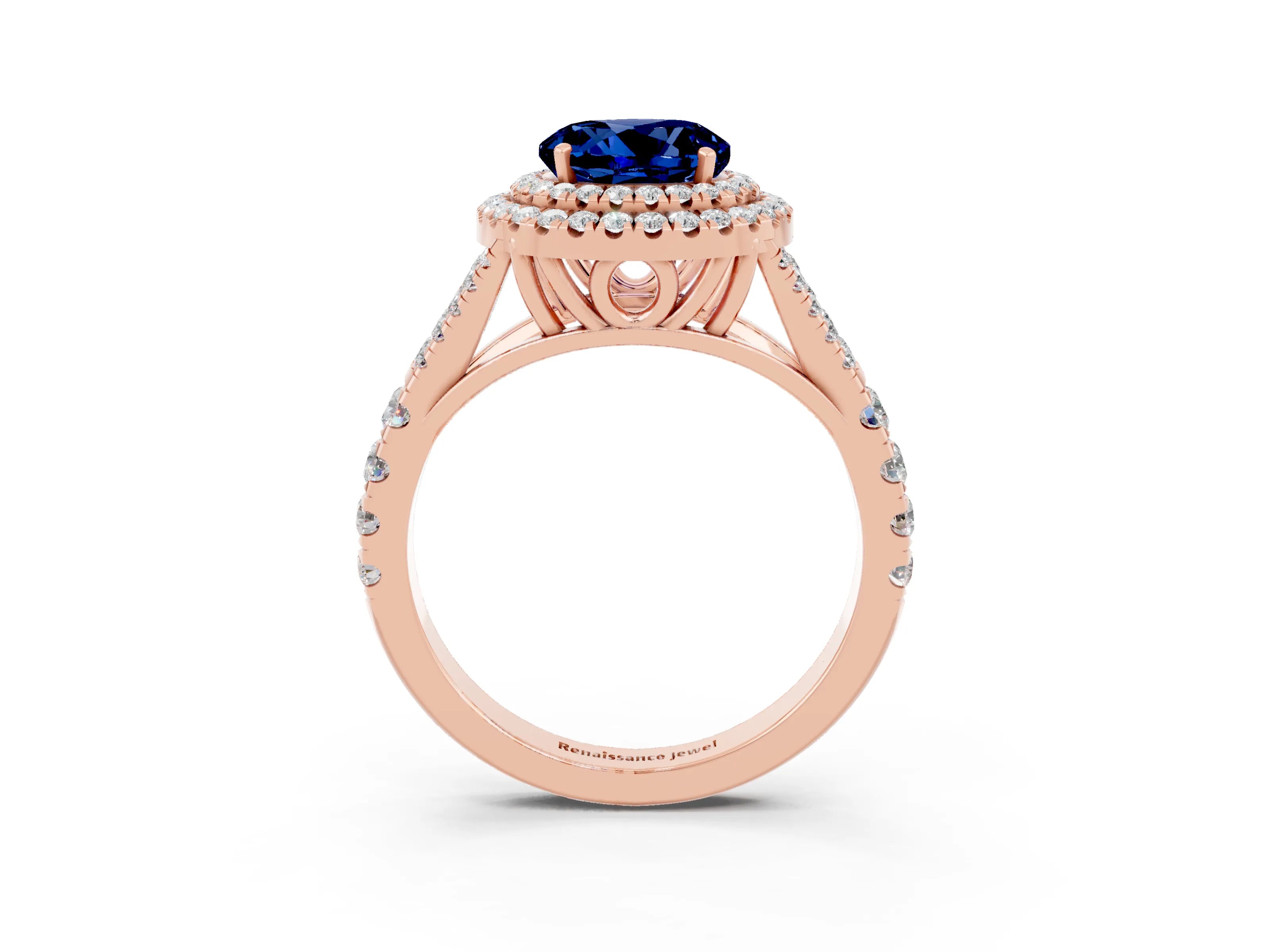 Rose gold Double Halo Round Cut Blue Sapphire Split Shank Engagement Ring with Four-Prong Setting_3
