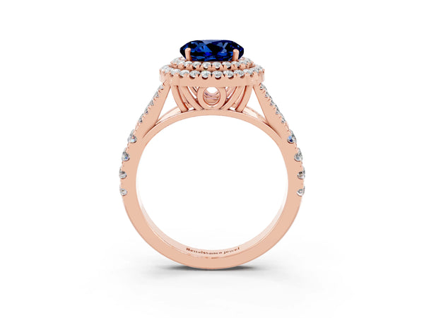 Rose gold Double Halo Round Cut Blue Sapphire Split Shank Engagement Ring with Four-Prong Setting