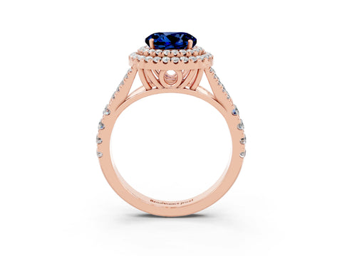 Rose gold Double Halo Round Cut Blue Sapphire Split Shank Engagement Ring with Four-Prong Setting_3