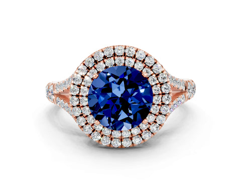 Rose gold Double Halo Round Cut Blue Sapphire Split Shank Engagement Ring with Four-Prong Setting