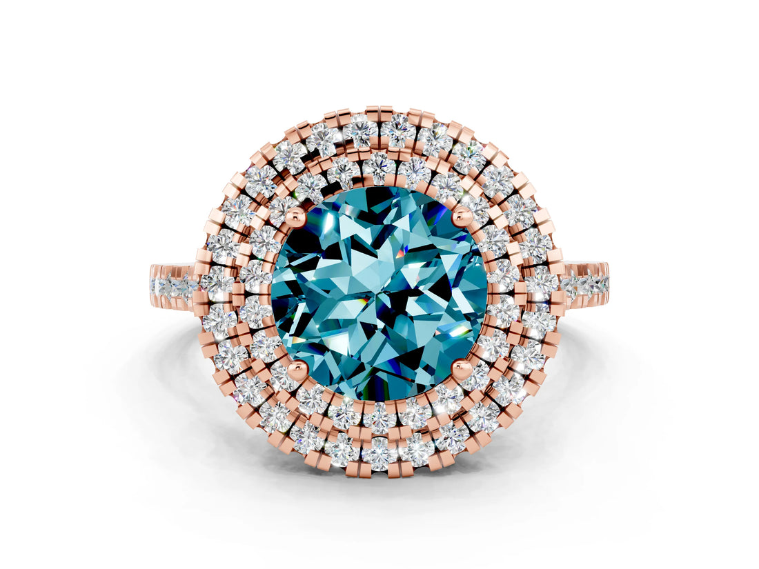 Rose gold Double Halo Round Cut Blue Topaz Pavé Band with Four-Prong Setting