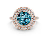 Rose gold Double Halo Round Cut Blue Topaz Pavé Band with Four-Prong Setting