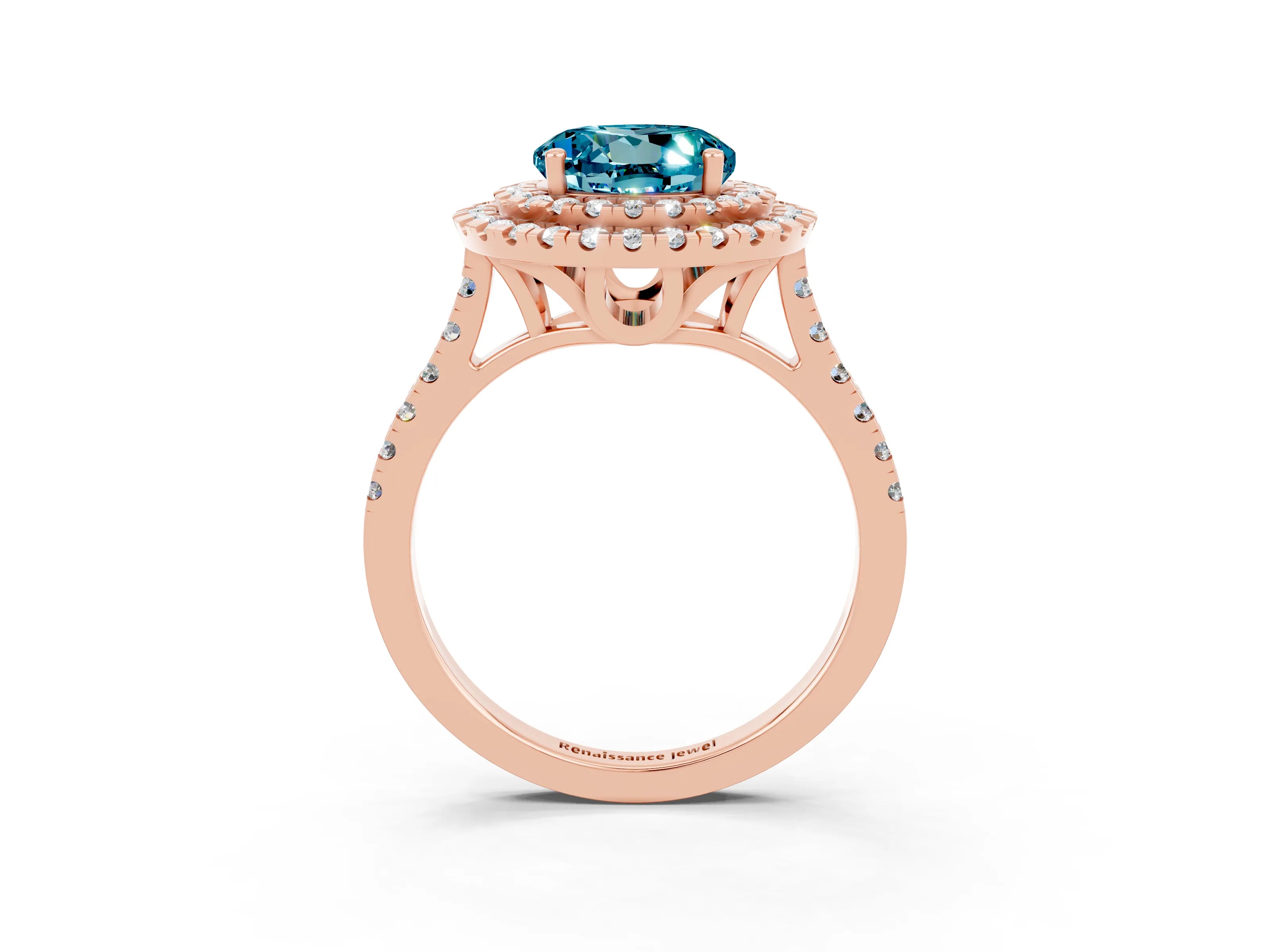 Rose gold Double Halo Round Cut Blue Topaz Pavé Band with Four-Prong Setting_3