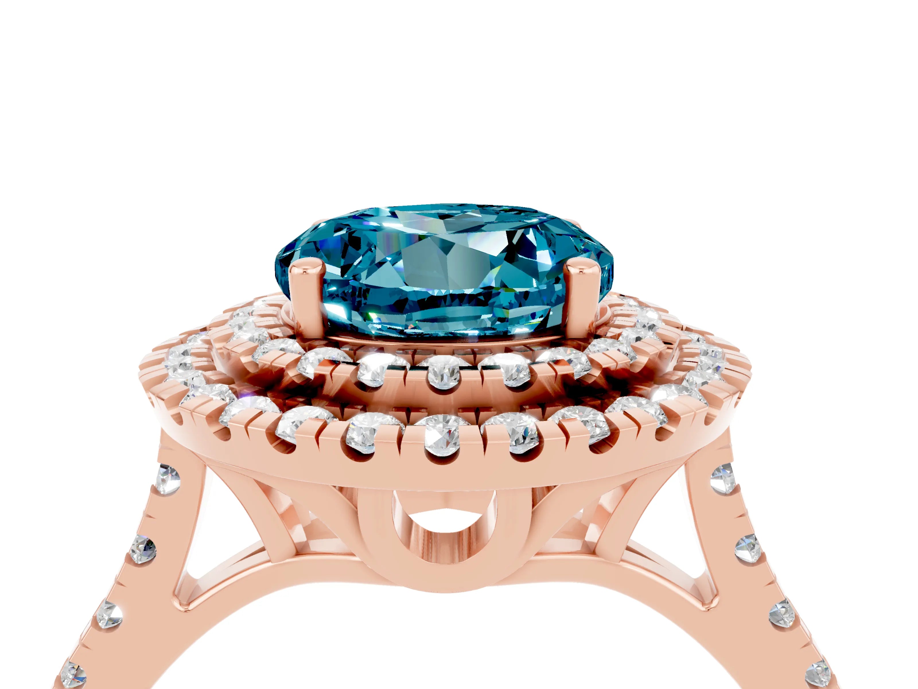 Rose gold Double Halo Round Cut Blue Topaz Pavé Band with Four-Prong Setting_4
